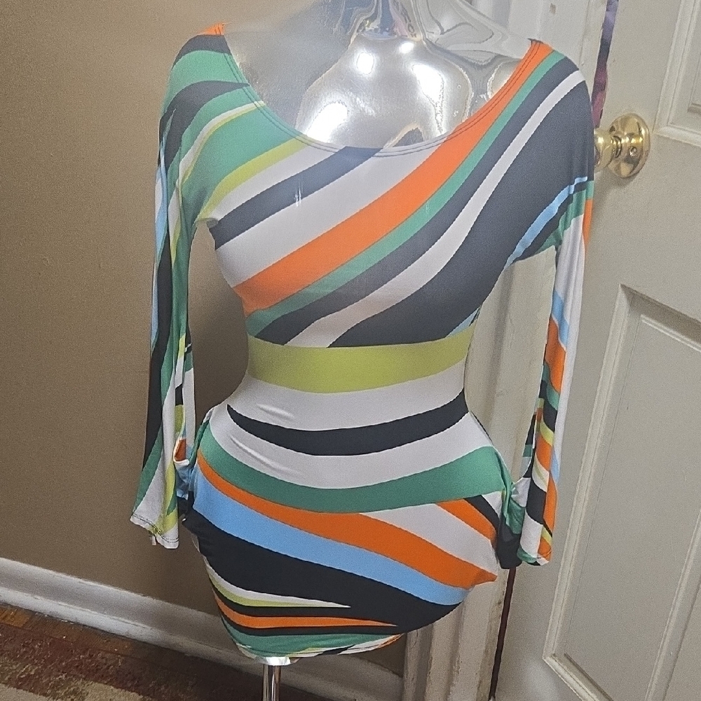 Trac Asymmetrical Orange and Green Bodycon Dress with Bell Sleeves
